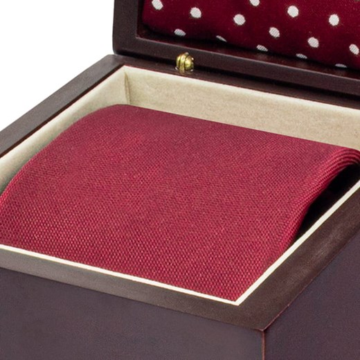 Zestaw ślubny dla mężczyzny klasyczny w kolorze bordowym: krawat + poszetka + spinki zapakowane w pudełko EM 27 Em promocja EM Men's Accessories