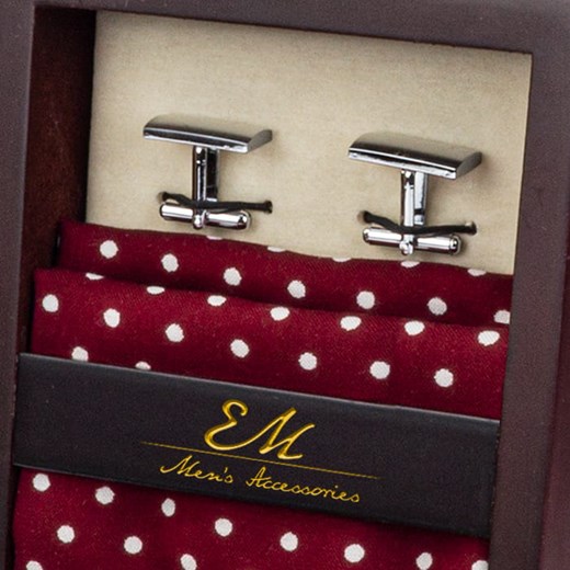 Zestaw ślubny dla mężczyzny klasyczny w kolorze bordowym: krawat + poszetka + spinki zapakowane w pudełko EM 27 Em okazyjna cena EM Men's Accessories