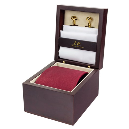 Zestaw ślubny dla mężczyzny klasyczny w kolorze bordowym: krawat + poszetka + spinki zapakowane w pudełko EM 30 Em EM Men's Accessories wyprzedaż