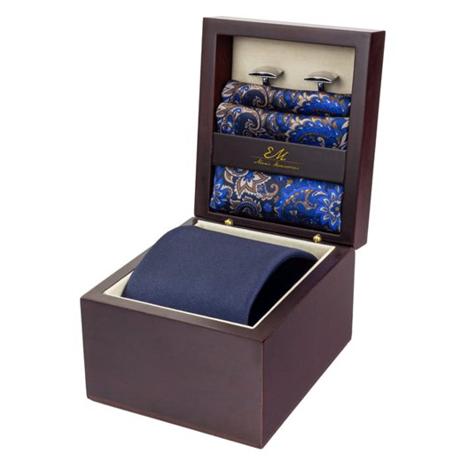 Zestaw ślubny dla mężczyzny klasyczny w kolorze granatowym: krawat + poszetka + spinki zapakowane w pudełko EM 34 Em okazja EM Men's Accessories