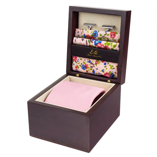 Zestaw ślubny dla mężczyzny klasyczny w kolorze różowym: krawat + poszetka + spinki zapakowane w pudełko EM 40 Em EM Men's Accessories wyprzedaż