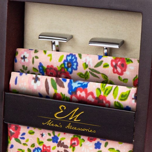 Zestaw ślubny dla mężczyzny klasyczny w kolorze różowym: krawat + poszetka + spinki zapakowane w pudełko EM 40 Em okazyjna cena EM Men's Accessories
