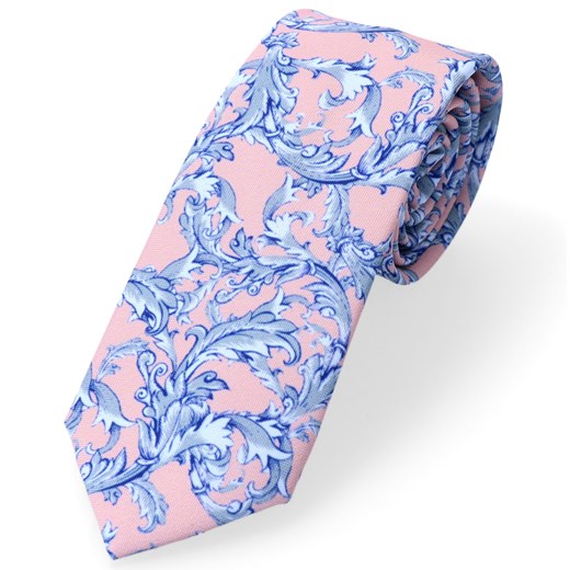 Krawat łososiowy Z Niebiesko- Szarym Wzorem Floral Dobrze Dodane Dobrze Dodane