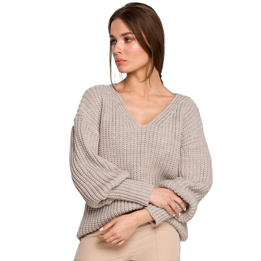 S268 Sweter w serek ze ściągaczem przy rękawach - beżowy Style L/XL Świat Bielizny