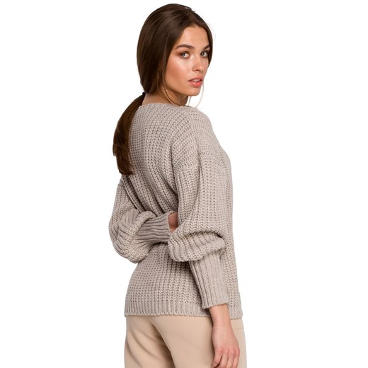 S268 Sweter w serek ze ściągaczem przy rękawach - beżowy Style S/M Świat Bielizny