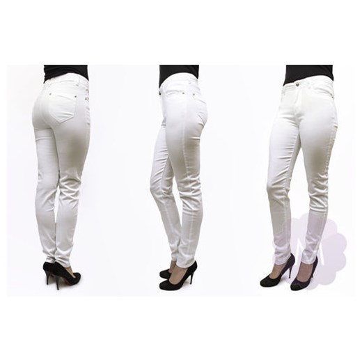 Białe spodnie jeansowe rurki z wyższym stanem mercerie-pl rozowy Spodnie