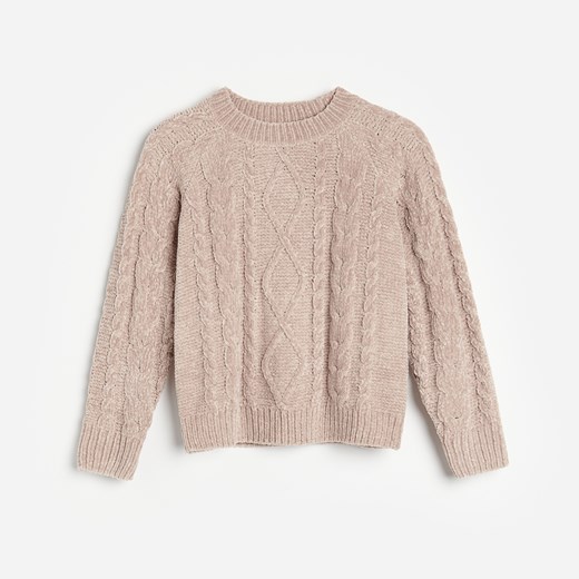 Reserved - Szenilowy sweter z warkoczowym splotem - Różowy Reserved 158 okazyjna cena Reserved
