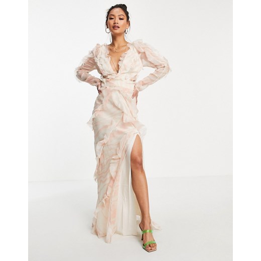 ASOS DESIGN – Warstwowa sukienka maxi w abstrakcyjny wzór z falbaną i odkrytymi plecami-Wielokolorowy 32 Asos Poland