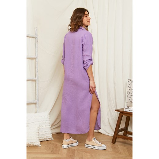 Sukienka Rodier Lin z długim rękawem z kołnierzykiem koszulowa maxi 