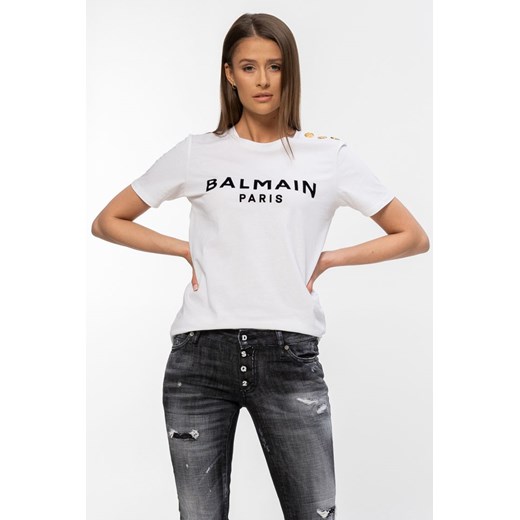 BALMAIN - biały t-shirt z czarnym logo i złotymi guzikami M outfit.pl