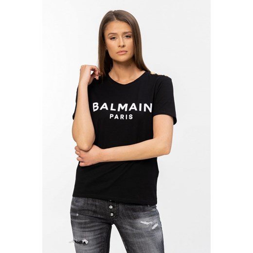 BALMAIN - czarny t-shirt z aksamitnym logo i złotymi guzikami S outfit.pl