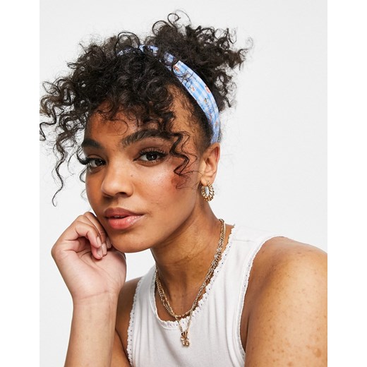 ASOS DESIGN – Niebieska szeroka opaska na głowę z dżerseju w kratkę vichy i kwiatowy wzór-Wielokolorowy No Size Asos Poland