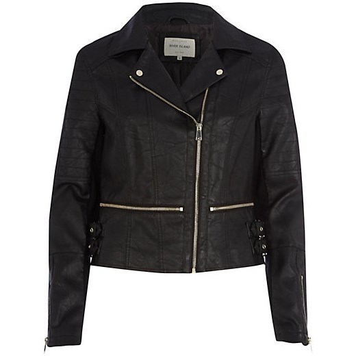 Black leather-look waist zip biker jacket river-island czarny kurtki
