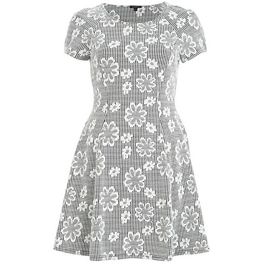 Black dogtooth floral print skater dress river-island bialy kwiatowy