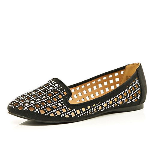 Black cut out embellished slipper shoes river-island brazowy 