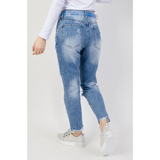 Spodnie jeansowe typu boyfriend z dziurami i szarpaniem na nogawce Olika S olika.com.pl