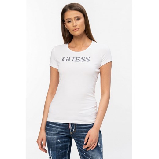 GUESS - biały t-shirt damski z brokatowym logo Guess XL outfit.pl