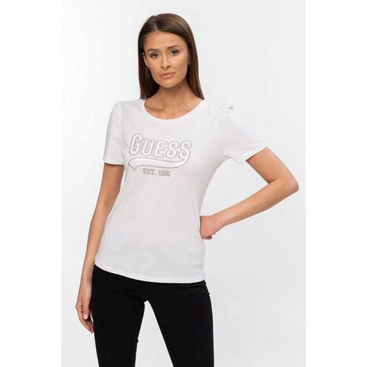 GUESS - biały t-shirt damski z satynowym logo Guess XS outfit.pl