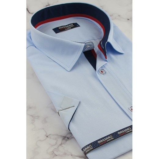 Koszula Męska Massaro gładka błękitna niebieska z krótkim rękawem w kroju SLIM FIT N009 Massaro M promocyjna cena ŚWIAT KOSZUL