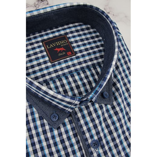 Koszula Męska niebieska w kratkę z lamówką z dodatkiem jeans Laviino Casual z krótkim rękawem w kroju SLIM FIT N133 Laviino S ŚWIAT KOSZUL promocyjna cena
