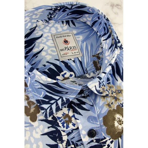 Koszula Męska Elegancka Wizytowa do garnituru błękitna w kwiaty z długim rękawem w kroju SLIM FIT Big Paris A931 XL okazyjna cena ŚWIAT KOSZUL