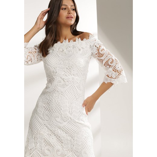 Sukienka Renee biała trapezowa z okrągłym dekoltem z długimi rękawami dzienna 