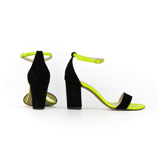 sandałki na słupku - skóra naturalna - model 342 - kolor czarny welur i żółty neon Zapato 40 zapato.com.pl