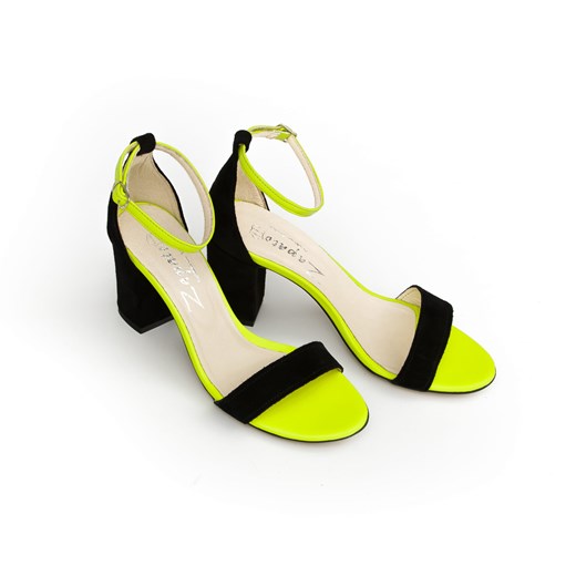 sandałki na słupku - skóra naturalna - model 342 - kolor czarny welur i żółty neon Zapato 40 zapato.com.pl