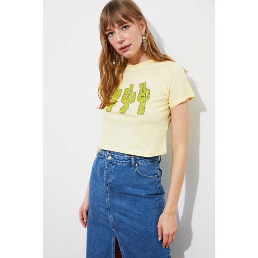 Trendyol Yellow Printed Crop Knitted T-Shirt Trendyol XS Factcool