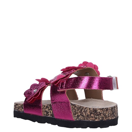 Fuksjowe sandały błyszczące z kwiatkami ze skórzaną wkładką i profilowaną korkową podeszwą zapinane na rzep Casu B19KDX3/F Casu okazyjna cena Casu.pl