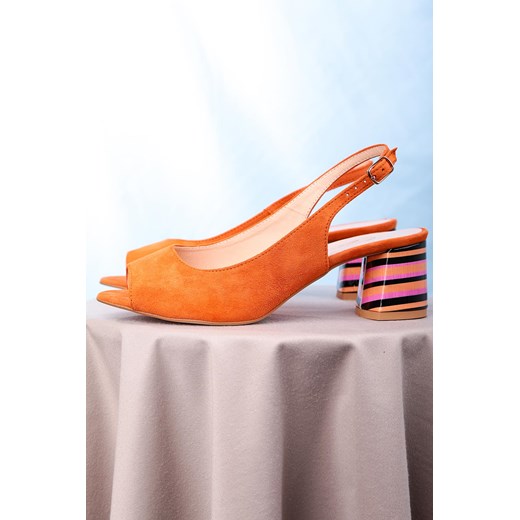 Pomarańczowe sandały skórzane na ozdobnym szerokim obcasie Casu DS-346/A Casu promocyjna cena Casu.pl