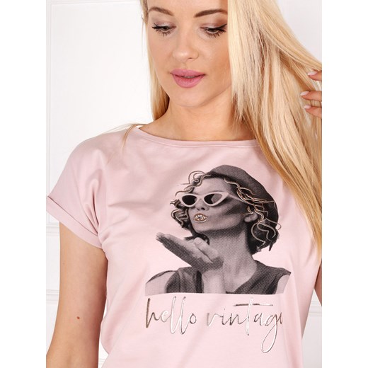 T-shirt damski z ozdobnym nadrukiem Off Pink HELLO Off Pink 44 Eye For Fashion