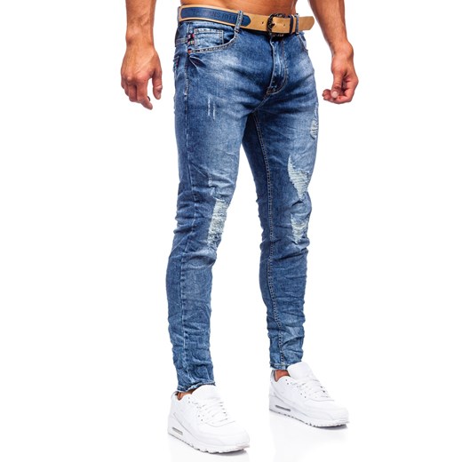 Granatowe jeansowe spodnie męskie skinny fit z paskiem Denley R85082S0 32/M wyprzedaż Denley