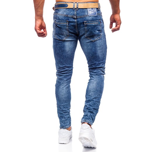Granatowe jeansowe spodnie męskie skinny fit z paskiem Denley R85082S0 36/XL Denley okazyjna cena