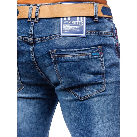 Granatowe jeansowe spodnie męskie skinny fit z paskiem Denley R85082S0 36/XL okazyjna cena Denley