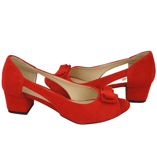 Sandały damskie Jankobut czerwone na średnim obcasie zamszowe 