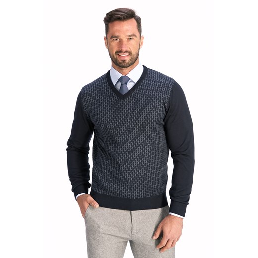 Granatowy sweter męski Lanieri Fashion w serek casual 