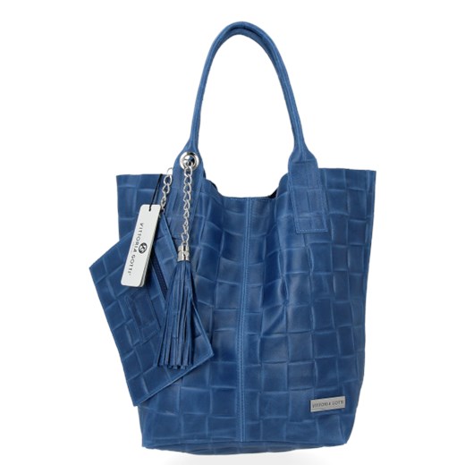 Niebieska shopper bag Vittoria Gotti ze skóry z frędzlami duża 