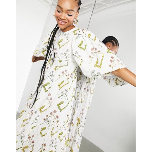 ASOS EDITION – Warstwowa luźna sukienka midi ze wzorem, bufkami i haftem-Biały 46 Asos Poland