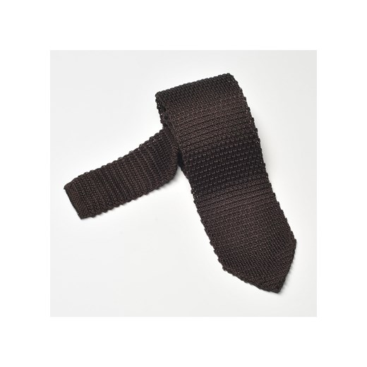 Brązowy jedwabny krawat z dzianiny (knit) zakończony w trojkąt eleganckipan-com-pl szary dzianina