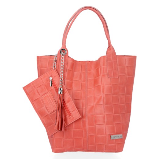 Uniwersalna Torebka Skórzana XL Modny Shopper Bag z Etui włoskiej firmy Vittoria Gotti Koralowa (kolory) Vittoria Gotti PaniTorbalska