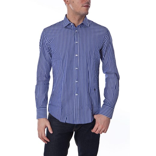 Shirt Mod. DANIELE ALESSANDRINI C1420B797R13300 Blue/White maranellowebfashion-com fioletowy łatki