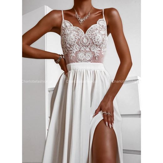 Długa suknia wizytowa na ramiączkach z koronką ecru beżowa A1095 Emo XS/34 Charlotte Fashion