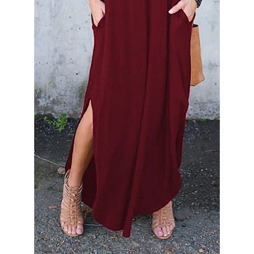 Sukienka letnia casual luźna zwiewna długa maxi z rozcięciem z boku krótki szeroki rękaw z kieszeniami czerwony (S) Cikelly L Cikelly
