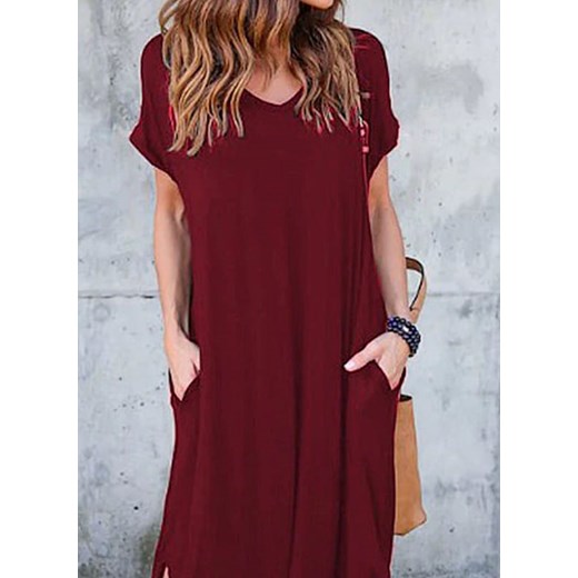 Sukienka letnia casual luźna zwiewna długa maxi z rozcięciem z boku krótki szeroki rękaw z kieszeniami czerwony (S) Cikelly L Cikelly