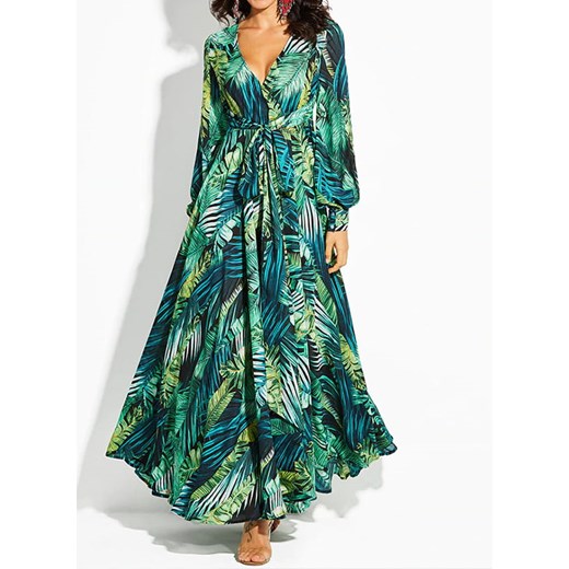 Sukienka długa maxi z długim rękawem dekolt v wiązana w pasie casual letnia w liście palmy motyw tropikalny zielony (S) Cikelly L Cikelly