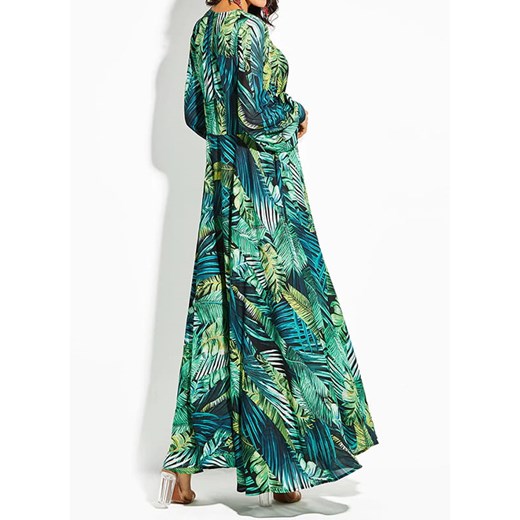 Sukienka długa maxi z długim rękawem dekolt v wiązana w pasie casual letnia w liście palmy motyw tropikalny zielony (S) Cikelly XL Cikelly