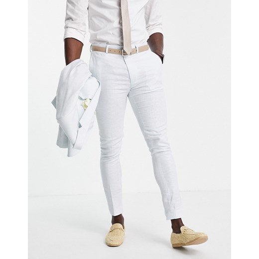 ASOS DESIGN – Bardzo obcisłe ślubne spodnie garniturowe z niebieskiego lnu w pepitkę W36 L32 Asos Poland