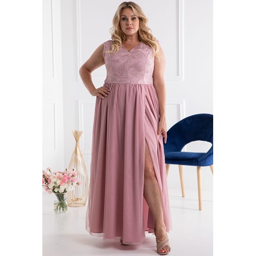 Sukienka dla druchny long z rozporkiem na zakładkę z koronkową górą ATLANTA pudrowy róż Plus Size karko.pl
