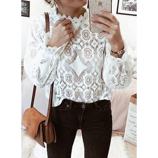 Bluzka koronkowa haftowana kobieca luźny fason stylowa długi rękaw zabudowany dekolt elegancka wizytowa biały (S) Sandbella S sandbella